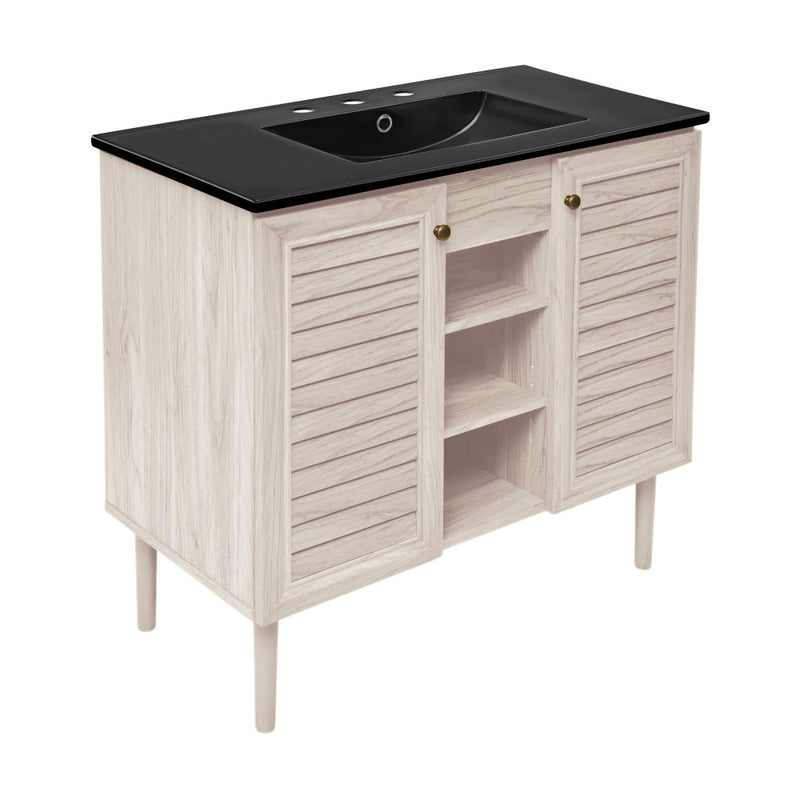 Bron 36" Freestanding Bathroom Vanity in White Oak with Black 3-Hole Widespread Sink Top