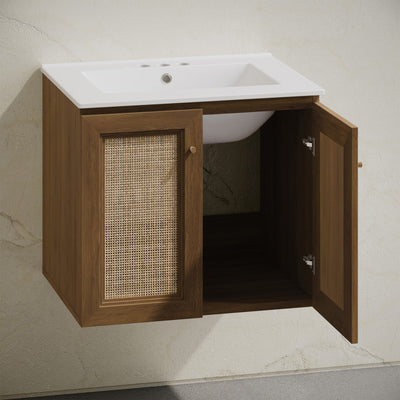 Classe 24" Wall-Mounted Bathroom Vanity in Brown Oak with Centerset Faucet Holes Vanity Top