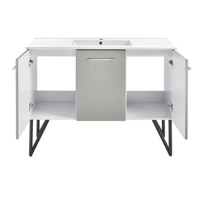 48-inch freestanding bathroom vanity in gray with soft-close doors and single sink top.