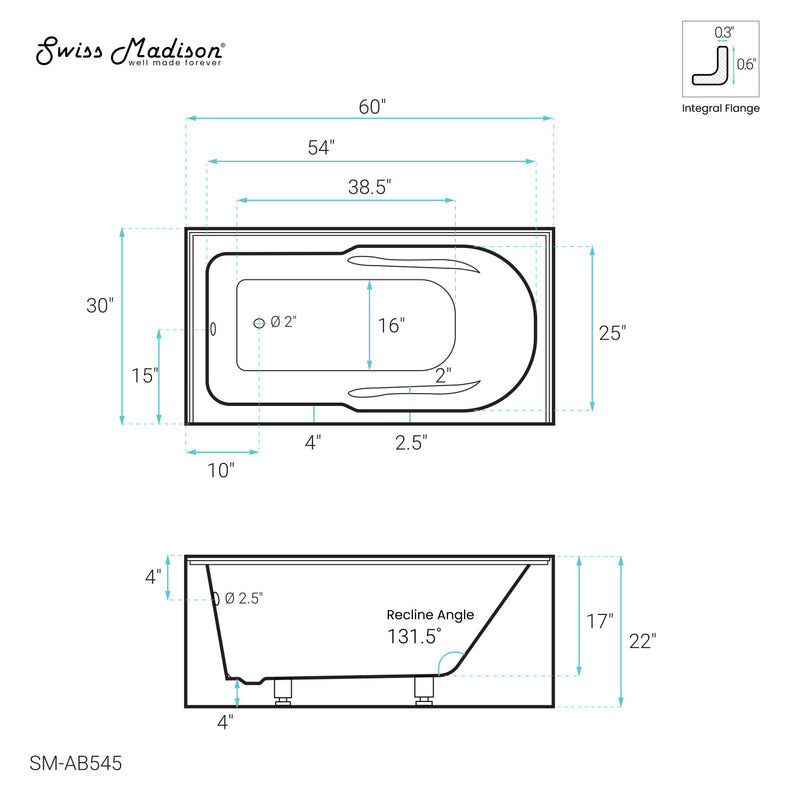 Ivy 60" x 30" Left-Hand Drain Alcove Bathtub with Apron