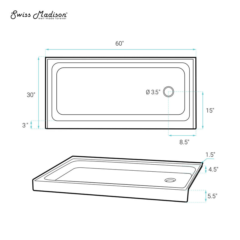 Voltaire 60 x 30 Shower Pan Base with Right Drain in Glossy White