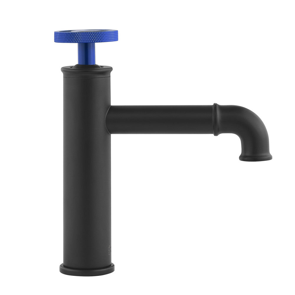 Avallon Single Hole, Single-Handle Wheel, Bathroom Faucet in Matte Black with Blue Handle