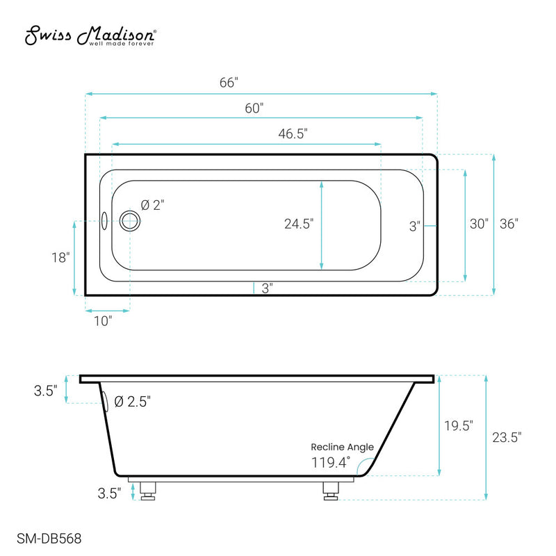 Voltaire 66" x 36" Reversible Drain Drop-In Bathtub