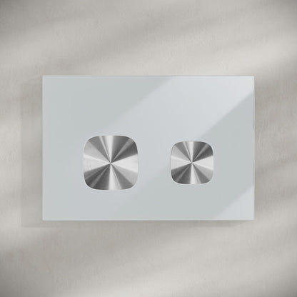 Verre Wall Mount Dual Flush Glass Actuator Plate in Glossy White with Silver Flush Buttons