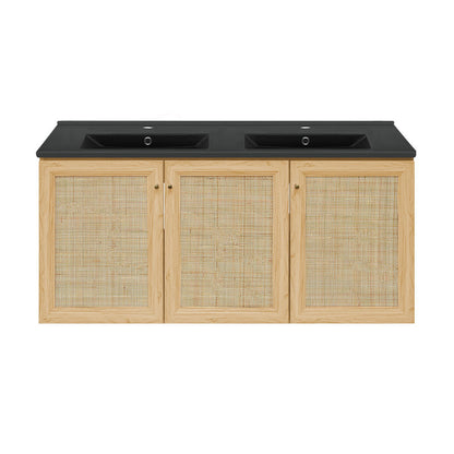 Classe 48" Wall-Mounted Bathroom Vanity in Natural Oak with Black Double Basin Sink Top