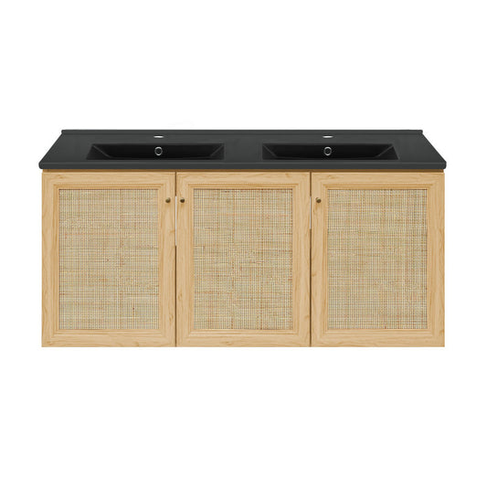 Classe 48" Wall-Mounted Bathroom Vanity in Natural Oak with Black Double Basin Sink Top
