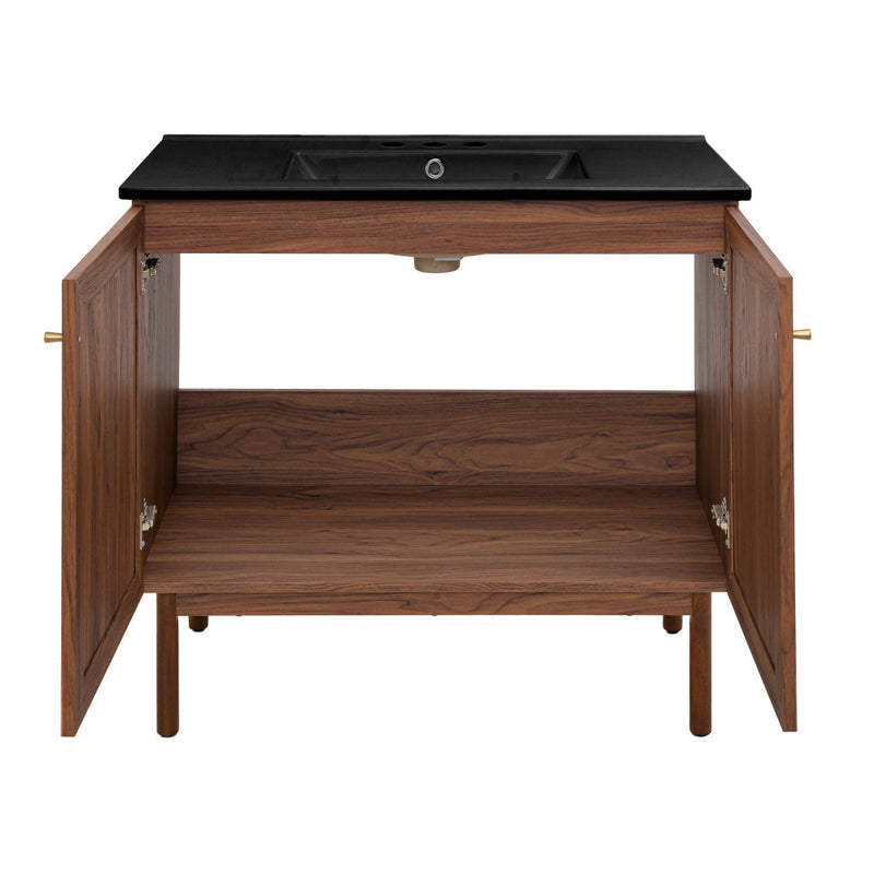 Classe 36 in. Brown Oak Bathroom Vanity With Black, 3-Hole Ceramic Sink Top