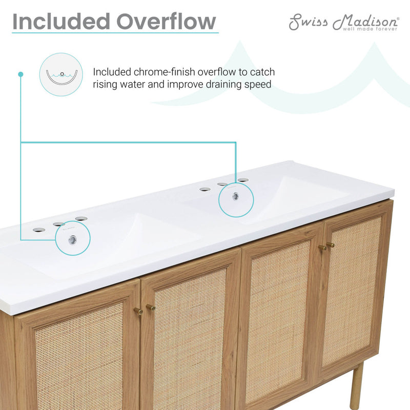 Classe 60 in. Brown Oak, Double Basin Bathroom Vanity With White, 3-Hole Artificial Stone Sink Top