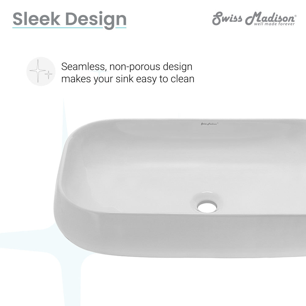 Rectangular white ceramic vessel sink with smooth edges and center drain hole.