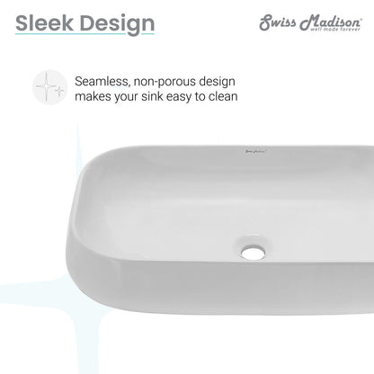 Rectangular white ceramic vessel sink with smooth edges and center drain hole.