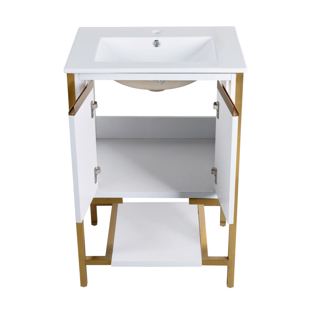 24-inch freestanding bathroom vanity in white with brushed gold frame, soft-close doors, and single sink basin.