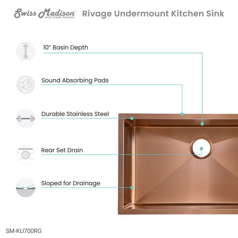 Rivage 30 x 18 Stainless Steel, Single Basin, Undermount Kitchen Sink, Rose Gold