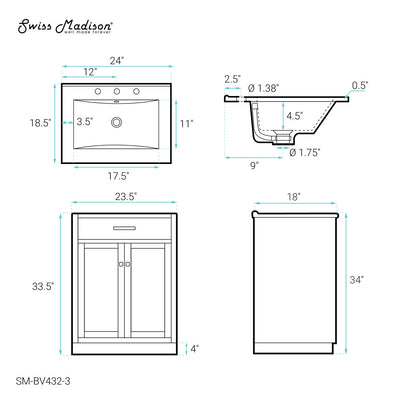 Burdon 24 in. Brown Oak Bathroom Vanity With White, 3-Hole Ceramic Sink Top