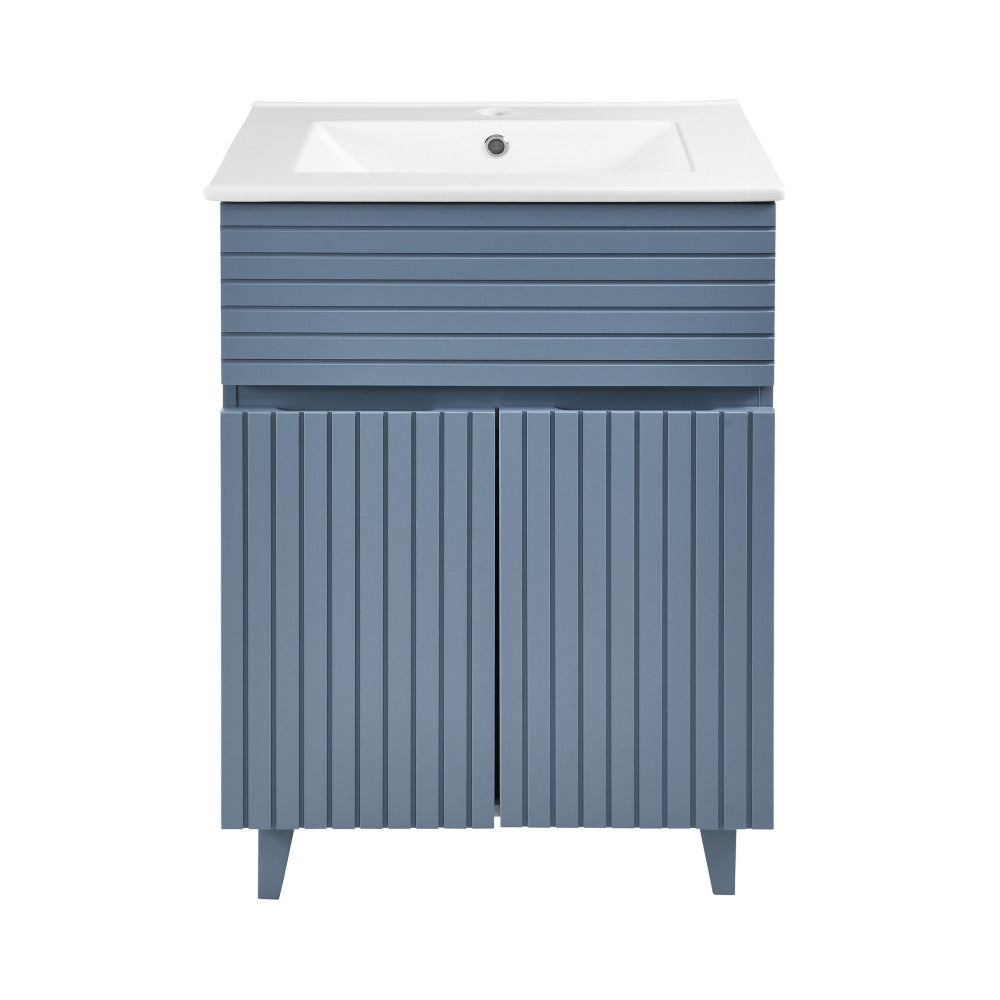 24-inch freestanding bathroom vanity in blue heather with single sink and vertical slat doors.