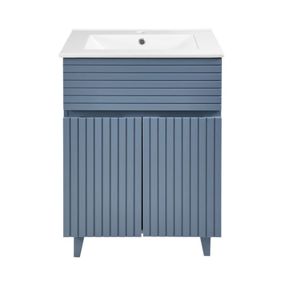 24-inch freestanding bathroom vanity in blue heather with single sink and vertical slat doors.