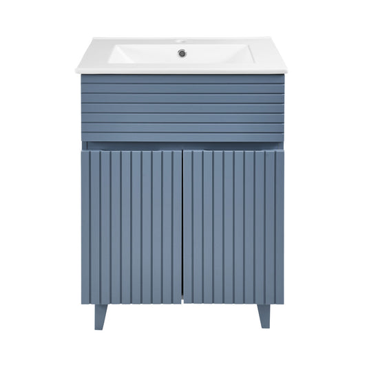 24-inch freestanding bathroom vanity in blue heather with single sink and vertical slat doors.