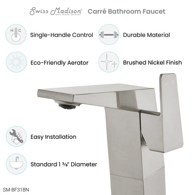 Carre Single Hole, Single-Handle, High Arc Bathroom Faucet in Brushed Nickel