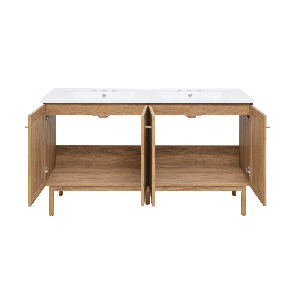Classe 60" Freestanding Bathroom Vanity in Golden Oak with 3-Hole Widespread Double Basin Sink Top
