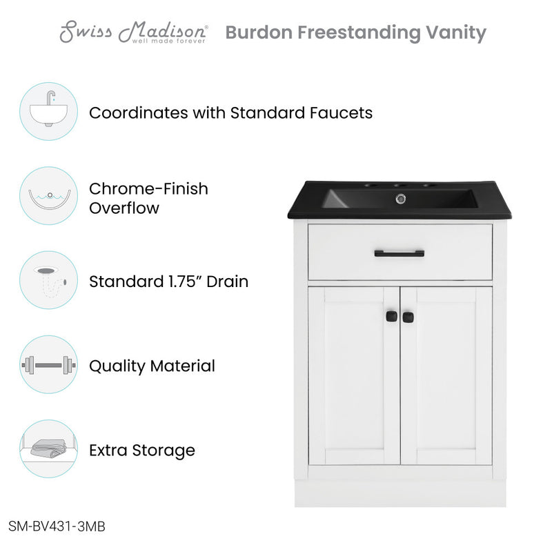 Burdon 24" Freestanding Bathroom Vanity in White with Black 3-Hole Centerset Sink Top