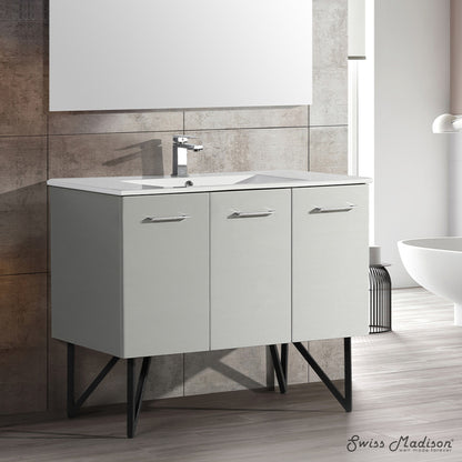 48-inch freestanding gray bathroom vanity with single sink and soft-close doors.