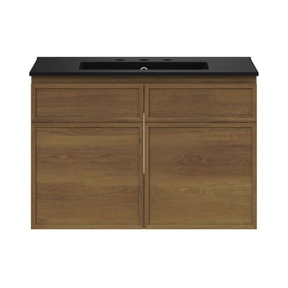 St. Tropez 30" Wall-Mounted Bathroom Vanity in Brown Oak with Black 3-Hole Widespread Sink Top