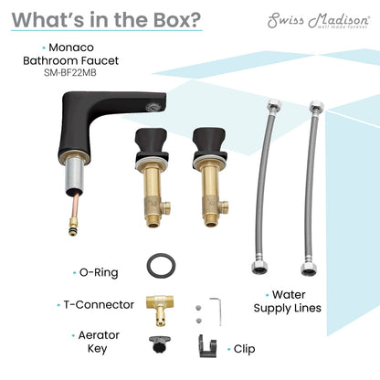 Widespread bathroom faucet in matte black with two handles and brass valves, includes water supply lines and mounting.