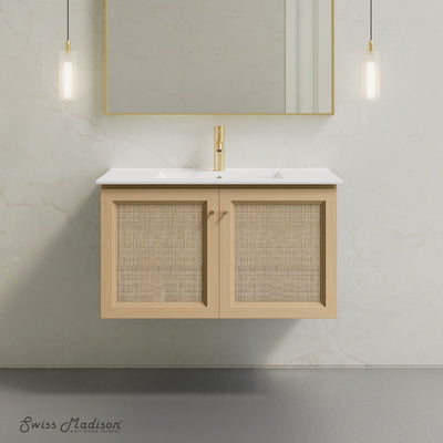 Classe 36" Wall-Mounted Bathroom Vanity in Natural Oak with Single Faucet Hole Vanity Top