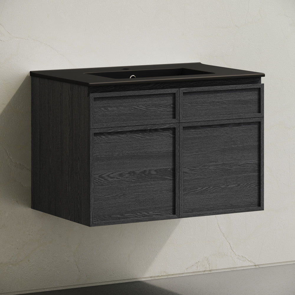St. Tropez 30" Wall-Mounted Bathroom Vanity in Black Oak with Black Sink Top