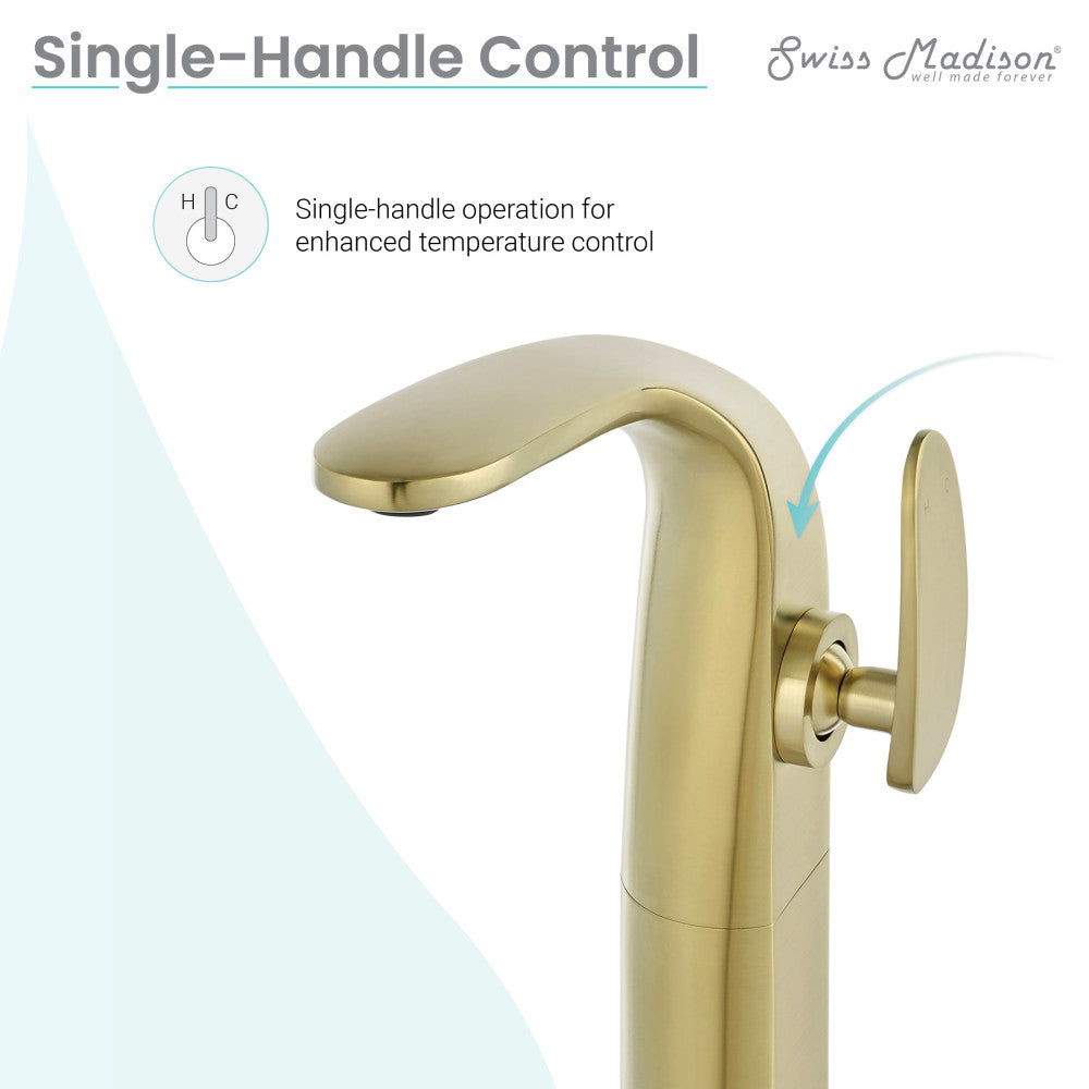 Single-handle high arc bathroom faucet in brushed gold, elegant minimalist design.
