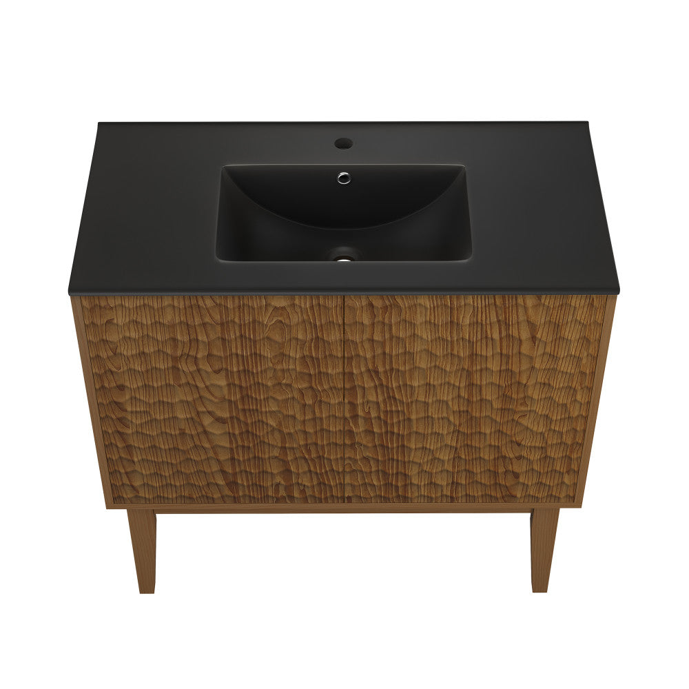 Bosse 36" Freestanding Bathroom Vanity in Brown Oak with Black Sink Top