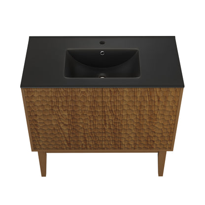 Bosse 36" Freestanding Bathroom Vanity in Brown Oak with Black Sink Top