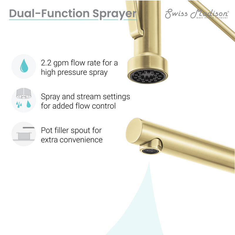 Nouvet Single Handle, Pull-Down Kitchen Faucet with Pot Filler in Brushed Gold