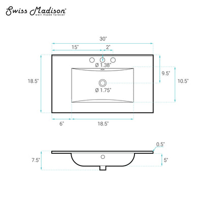 30" 3-Hole Centerset Vanity Sink Top in Glossy White