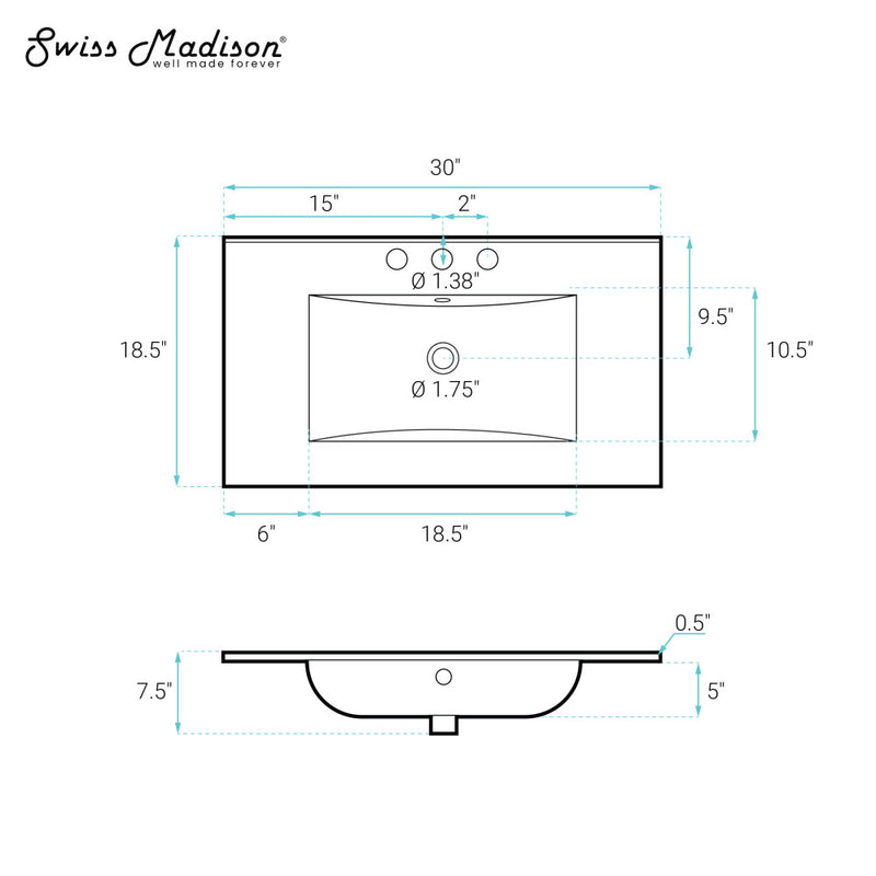 30" 3-Hole Centerset Vanity Sink Top in Glossy White