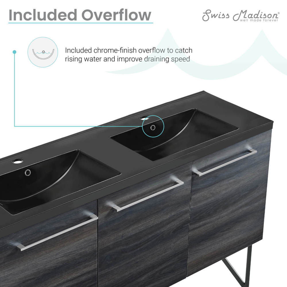 Annecy 60 in. Black Walnut, Double Basin Bathroom Vanity With Black Artificial Stone Sink Top