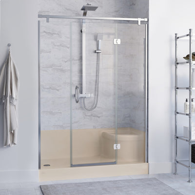 Aquatique 60" x 32" Single Threshold Shower Base With Left Hand Drain and Integral Right Hand Seat in Biscuit