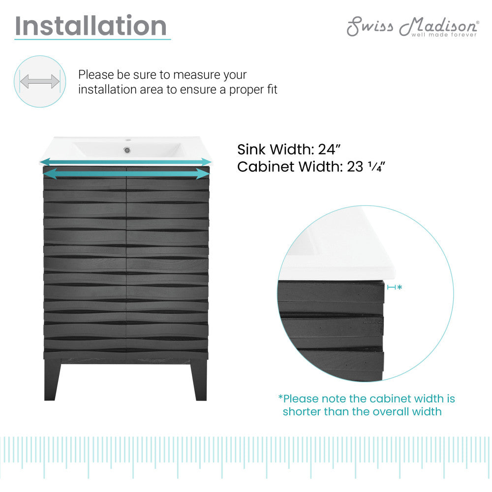 24-inch freestanding bathroom vanity in black with soft-close doors and horizontal grooved drawer design.