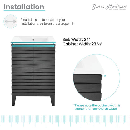 24-inch freestanding bathroom vanity in black with soft-close doors and horizontal grooved drawer design.