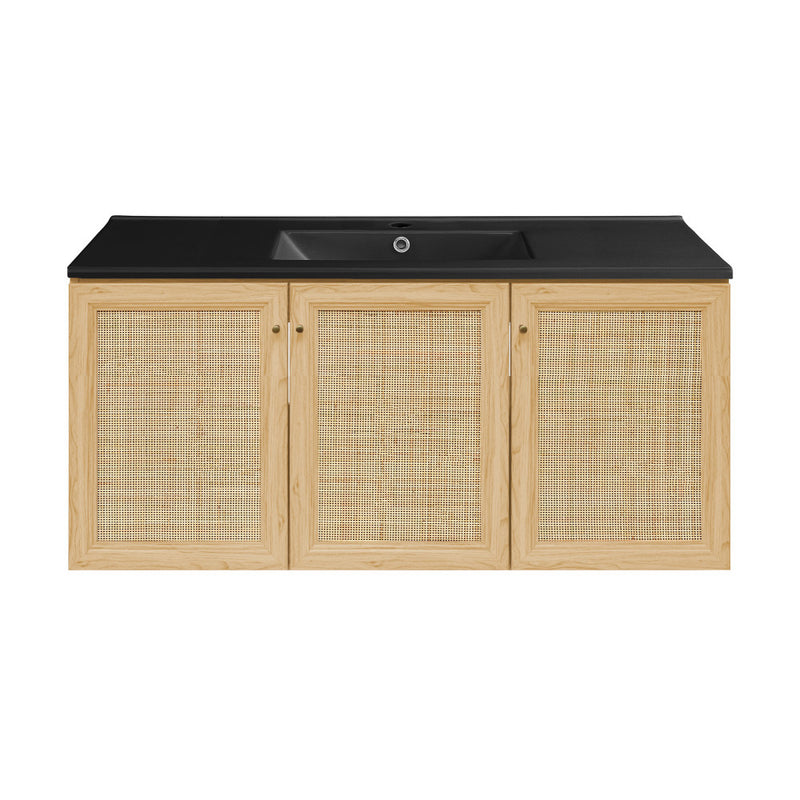 Classe 48" Wall-Mounted Bathroom Vanity in Natural Oak with Black Sink Top