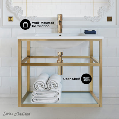 Pierre 30 Single, Open Shelf, Gold Metal Frame Bathroom Vanity