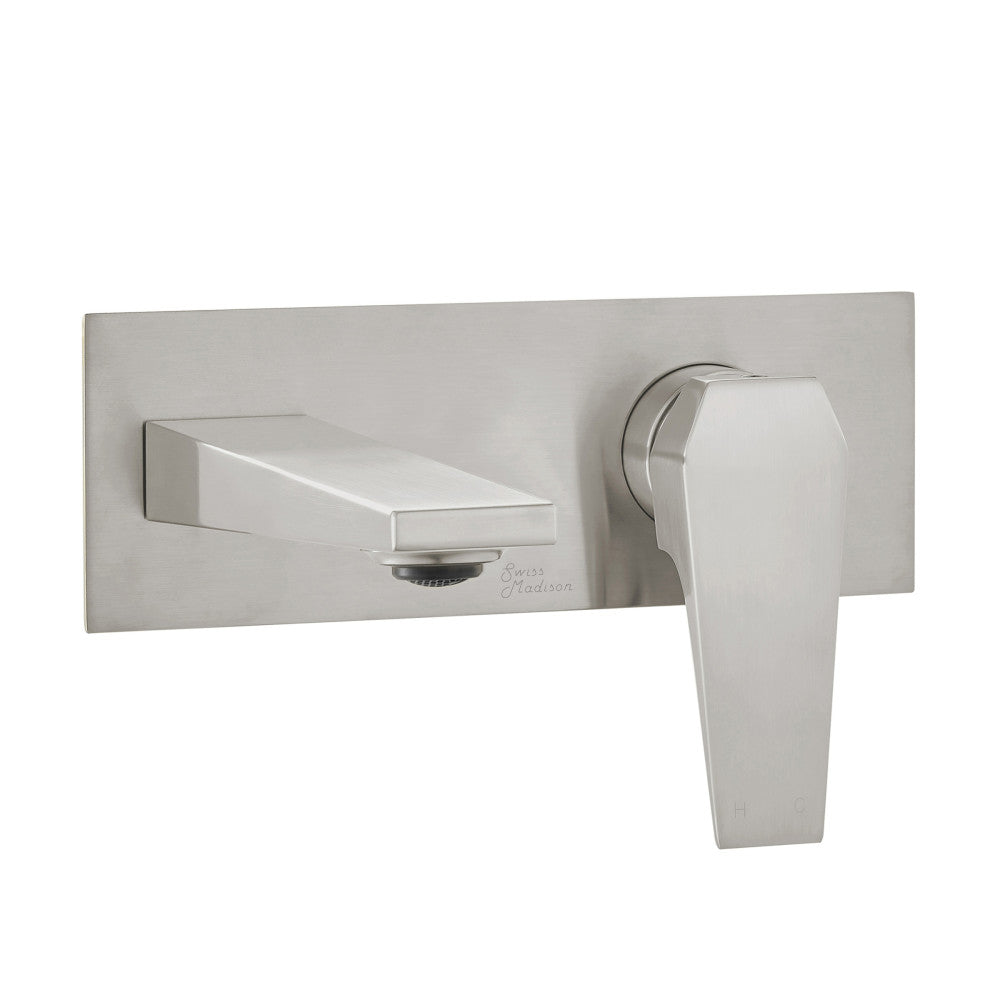 Single-handle wall-mount bathroom faucet in brushed nickel with rectangular backplate and lever handle.