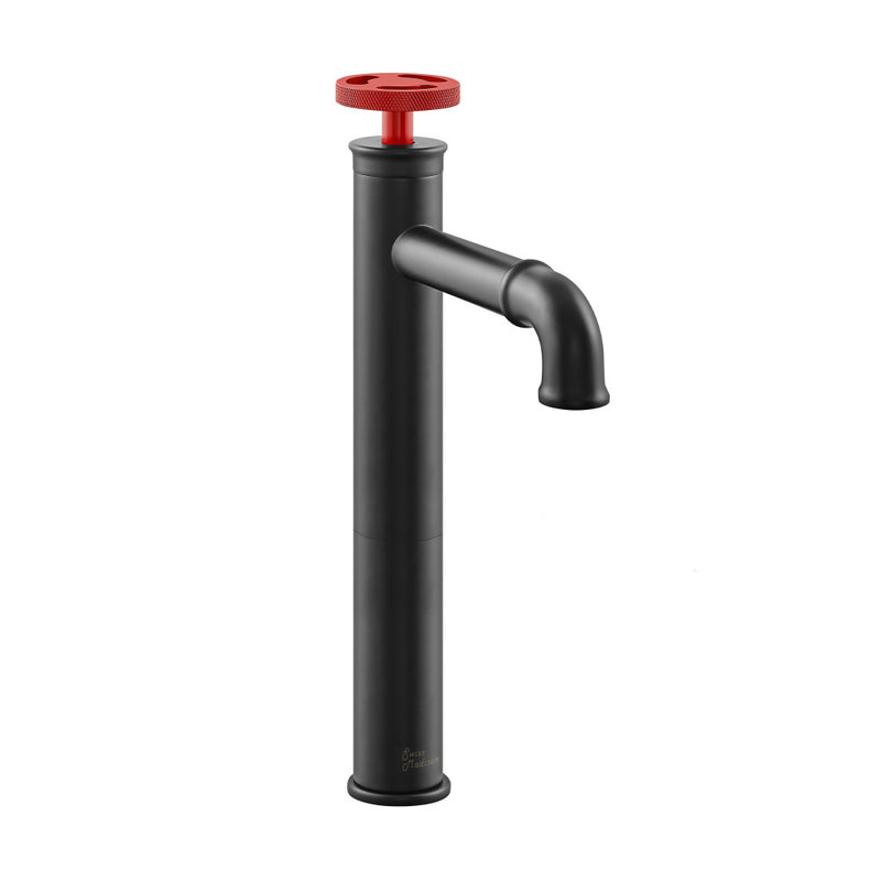 Avallon Single Hole, Single-Handle Wheel, High Arc Bathroom Faucet in Matte Black with Red Handles