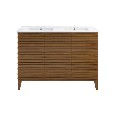 Cascade 48 in. Brown Oak, Double Basin Bathroom Vanity With White, 3-Hole Ceramic Sink Top