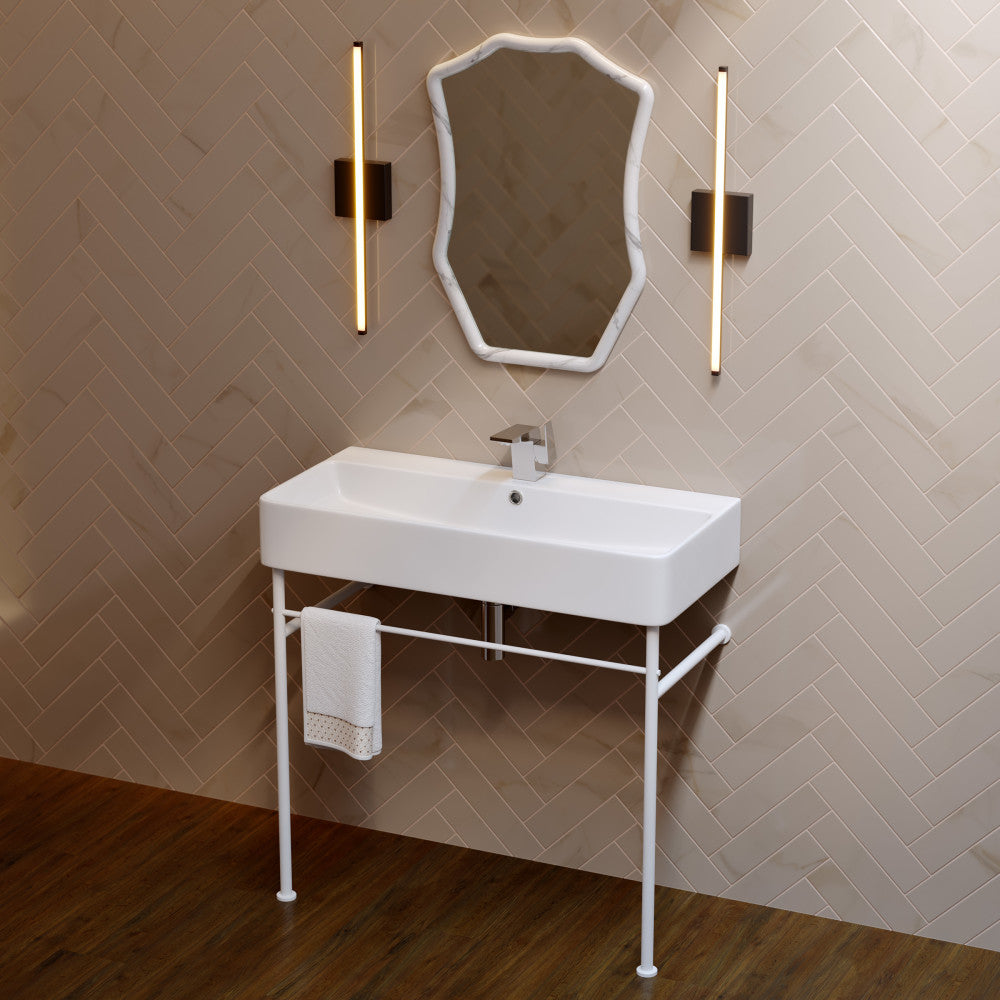 36-inch white ceramic console sink with matte white legs and single faucet hole.