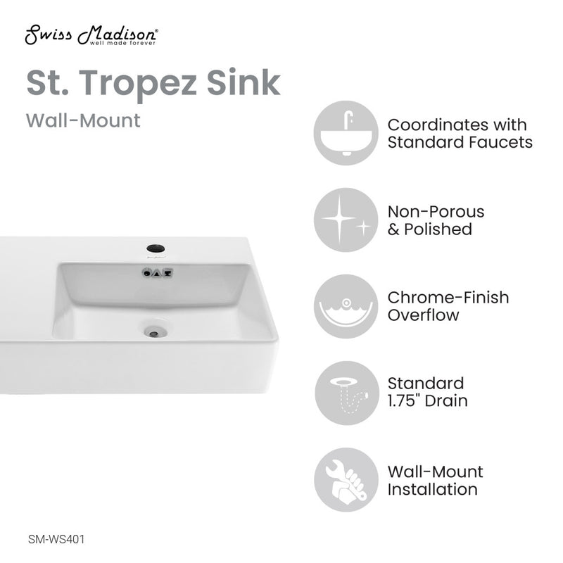 St. Tropez 36" Left Side Faucet Wall-Mount Bathroom Sink