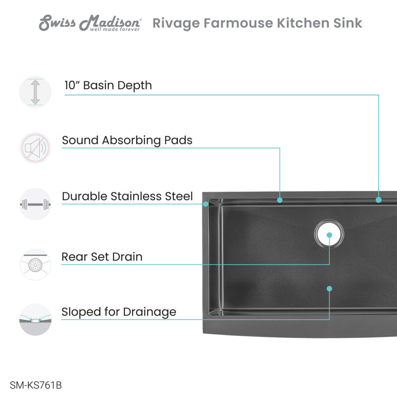 Rivage 36 x 21 Stainless Steel, Single Basin, Farmhouse Kitchen Sink with Apron in Black