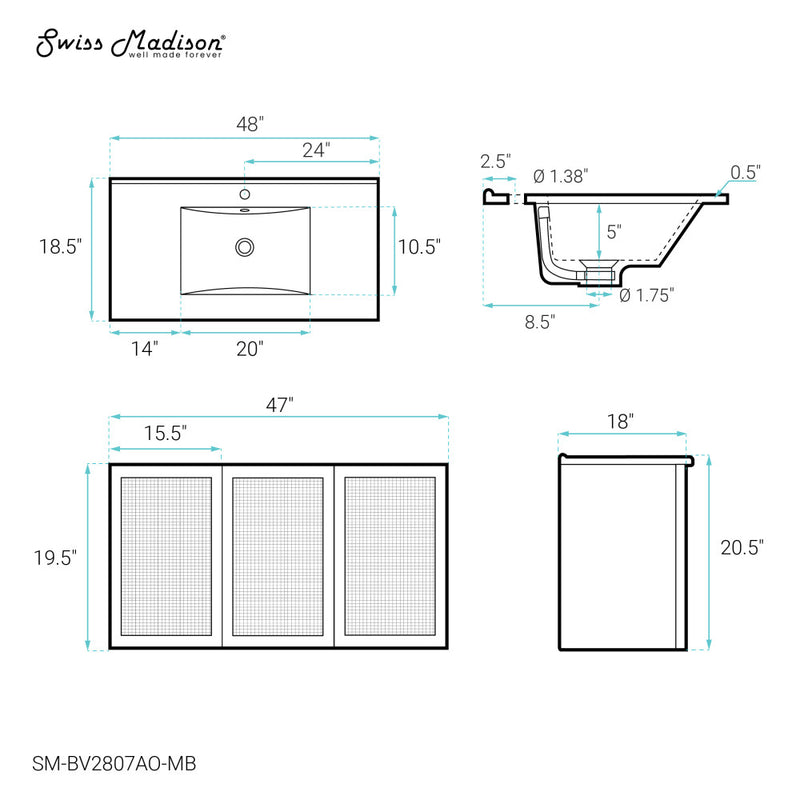 Classe 48" Wall-Mounted Bathroom Vanity in Black Oak with Black Sink Top