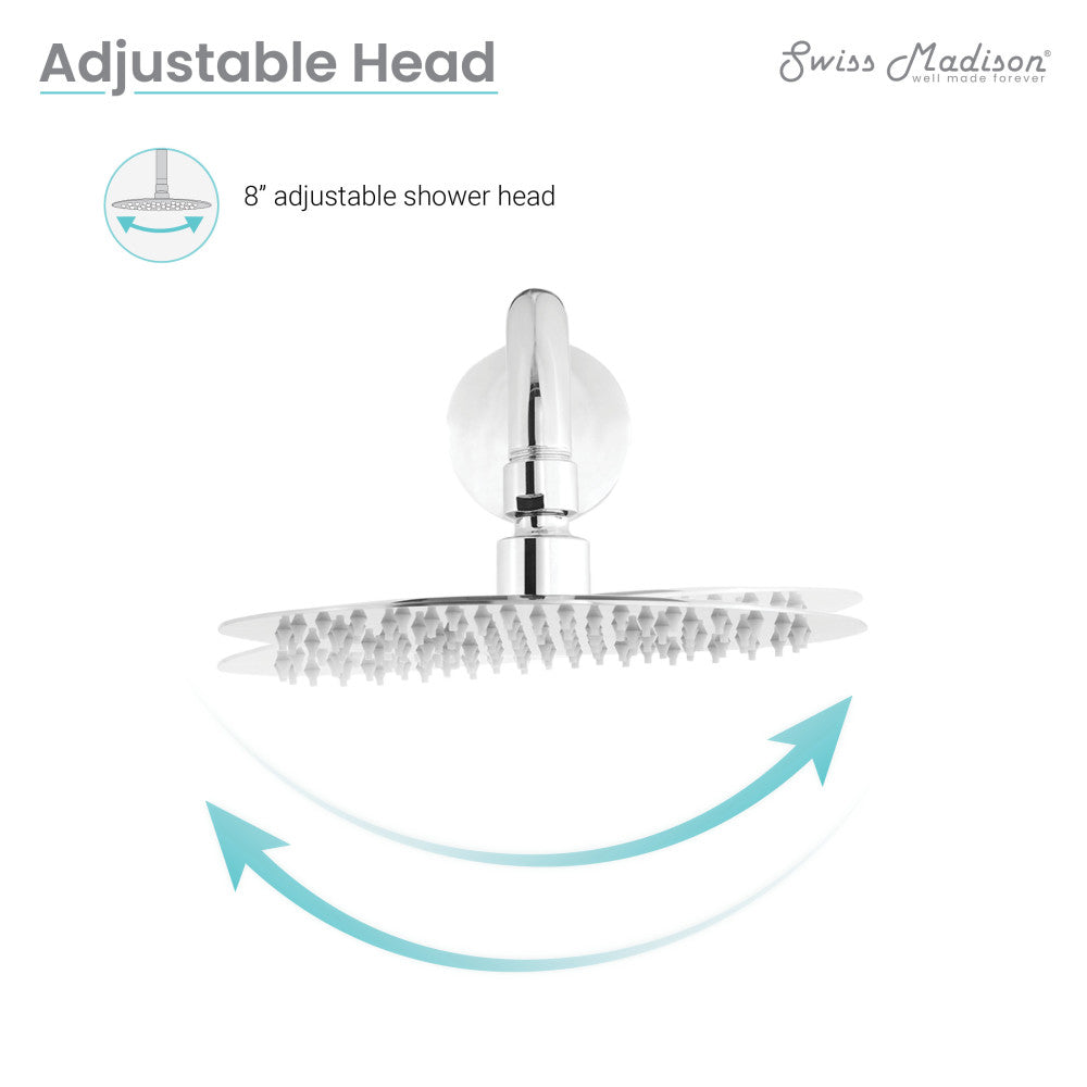 8-inch chrome wall-mounted fixed shower head, single-handle valve included.