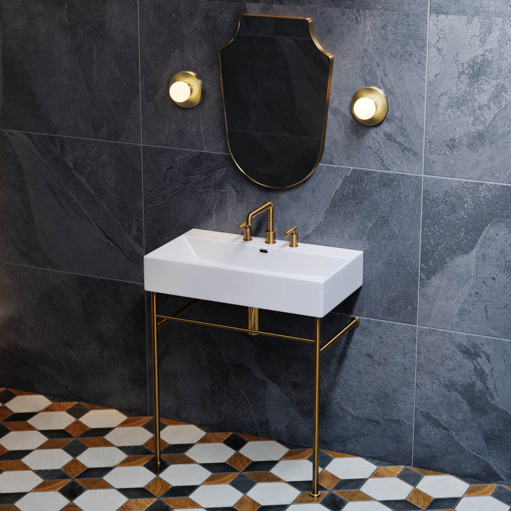 Claire 30" Console Sink White Basin Brushed Gold Legs with 8" Widespread Holes