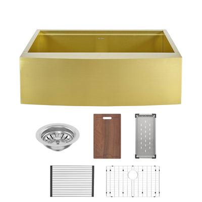 Tourner 33 x 22 Stainless Steel, Single Basin, Farmhouse Kitchen Workstation Sink with Apron in Gold
